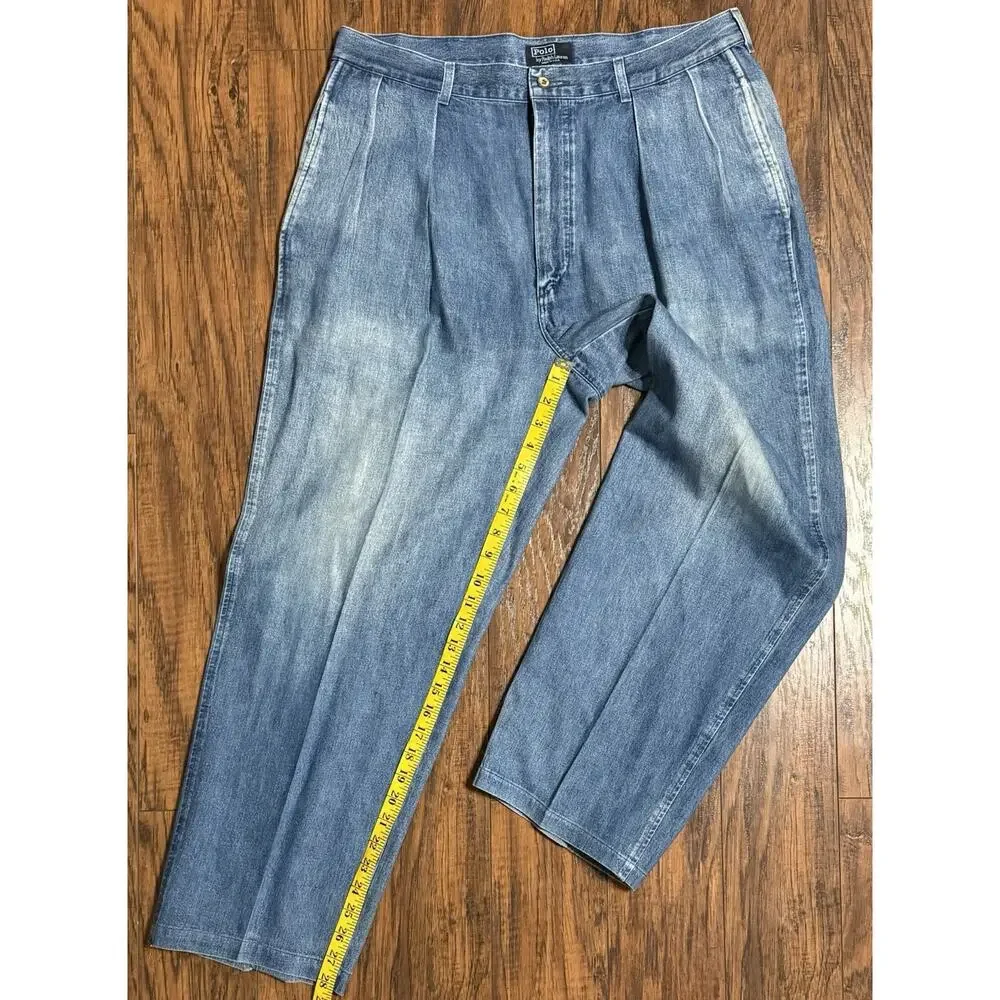 Vtg Polo Ralph Lauren USA Made Pleated Denim Jeans 36x34 (36x28) Wide Leg 90s
